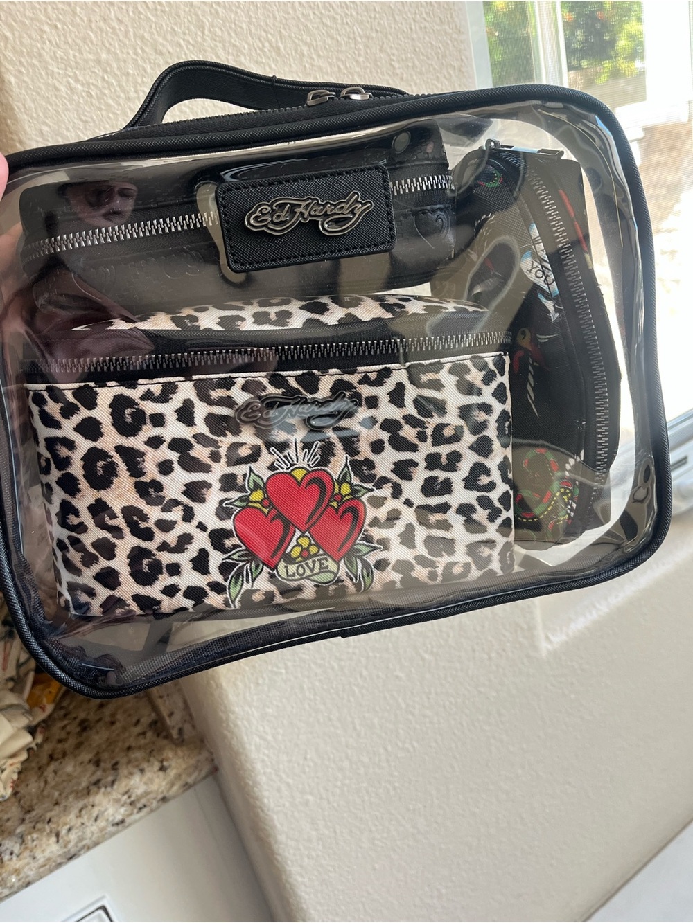 Ed Hardy 4 Piece Cosmetic Bag Set Leopard Red Heart Tattoo Skull